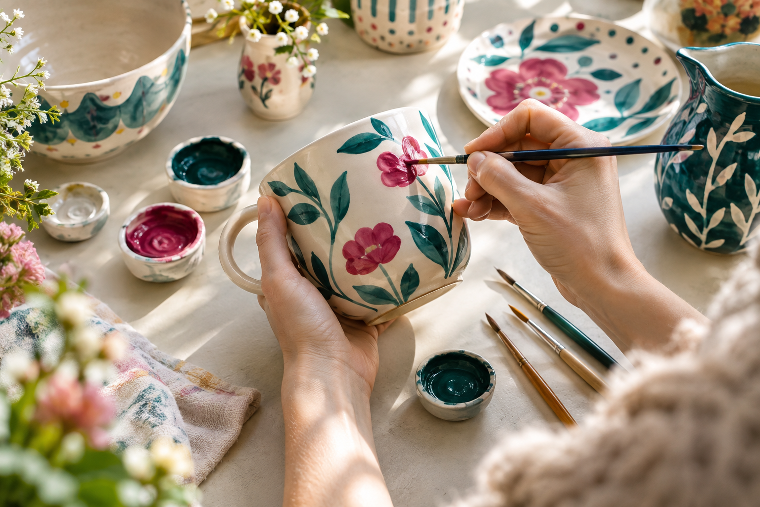 Hands painting pink flowers on a ceramic mug, surrounded by colorful pottery and paints